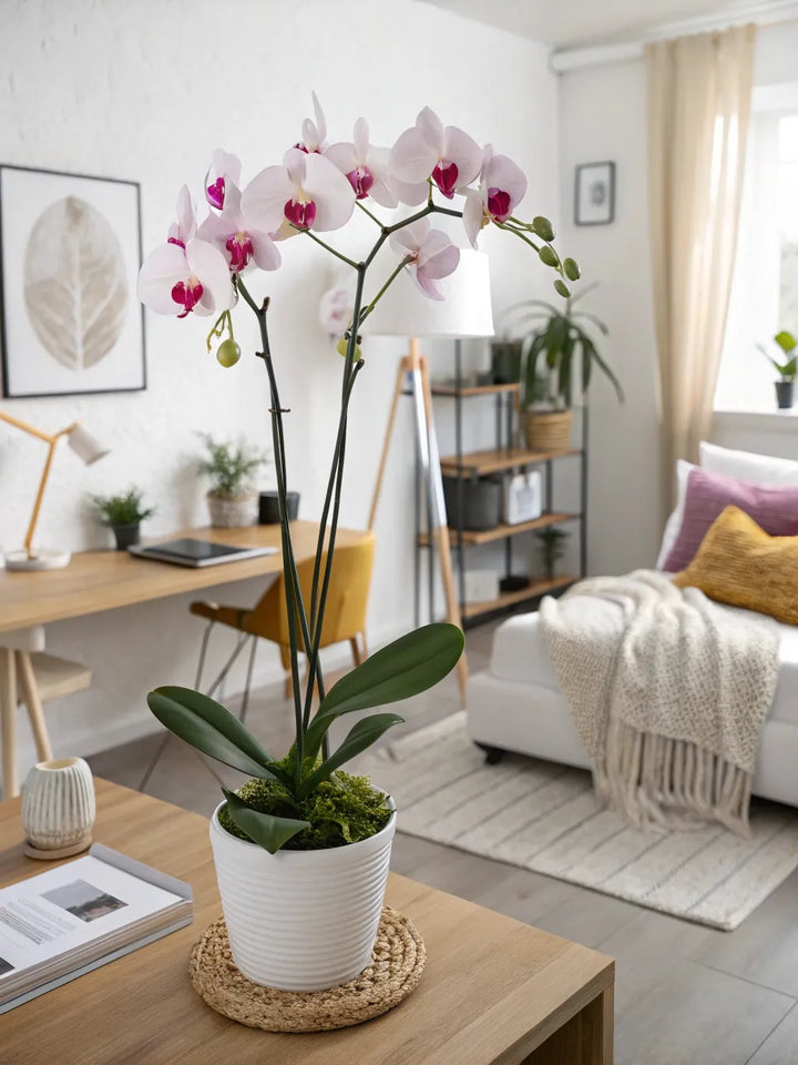 Orchidea a fiore bianco in ambiente casa su di una scrivania