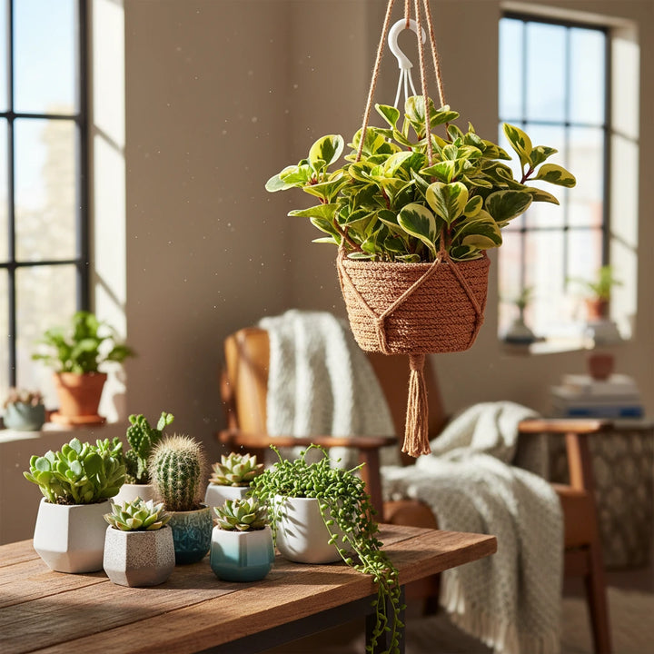 Peperomia obtusifolia variegata in vaso sospeso con corda decorativa, pianta da interno luminosa ideale per soggiorno moderno.