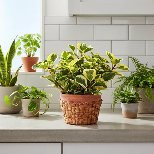 Peperomia variegata in vaso con coprivaso intrecciato su piano cucina, circondata da piante per interni come sansevieria e pothos.