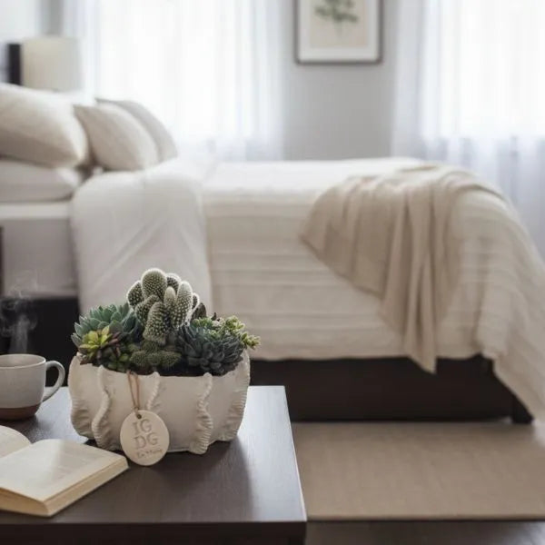 Composizione di succulente e cactus in vaso decorativo da interno su comodino in camera da letto luminosa, perfetta come pianta ornamentale facile da gestire.