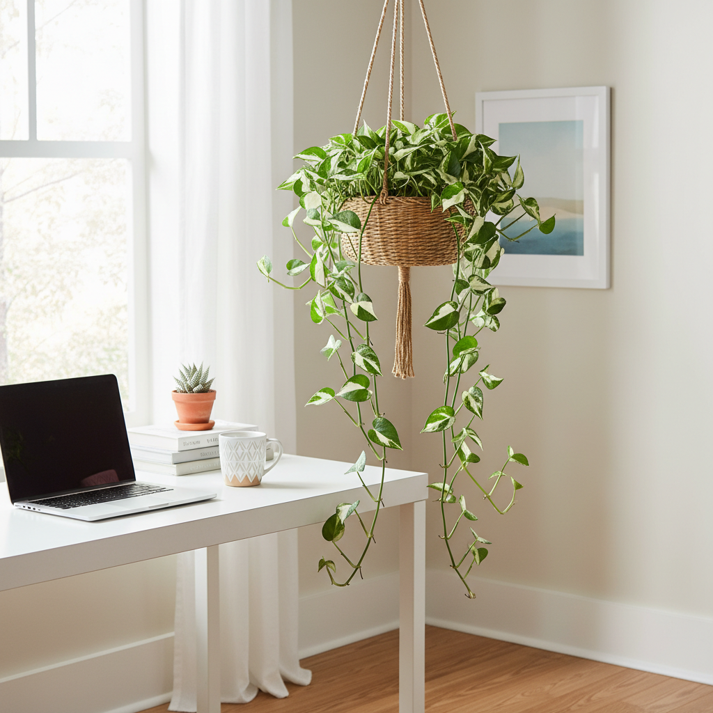Pothos N'Joy in home office luminoso - variegature bianco crema su foglie