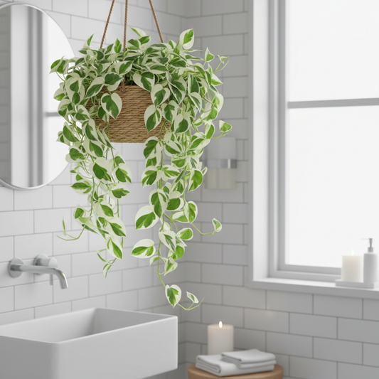Pothos N'Joy basket 20cm appeso in bagno moderno con foglie variegate bianche e verdi