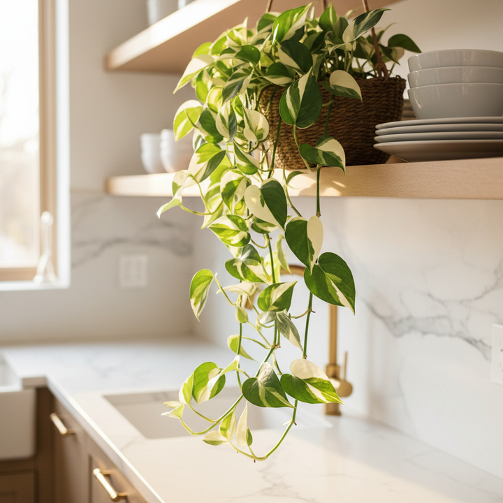 Pothos N'Joy foglie cuoriformi variegate bianco verde in cucina moderna