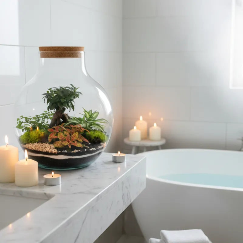 Terrarium Ariel - vista dall'alto con le diverse specie di piante verdi