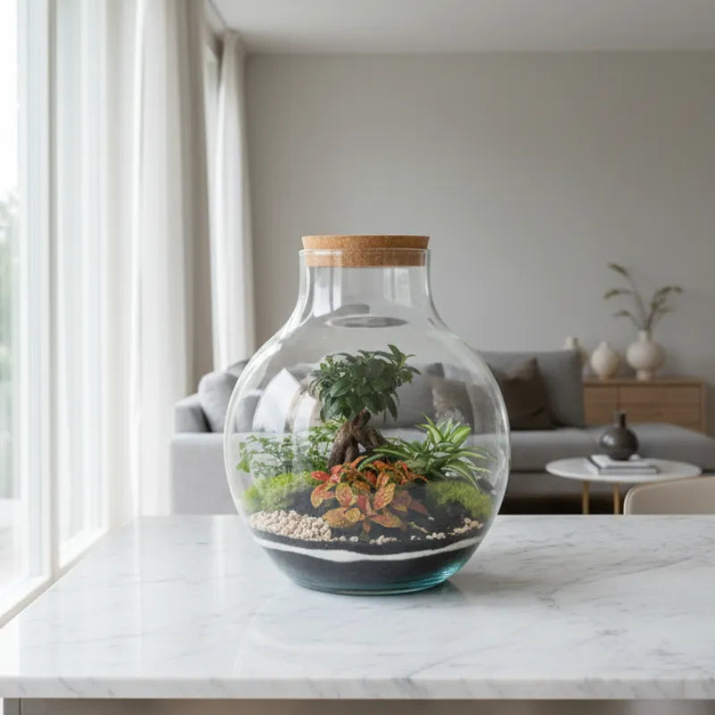 Terrarium piante in vetro - dettaglio delle piante verdi all'interno del contenitore di vetro