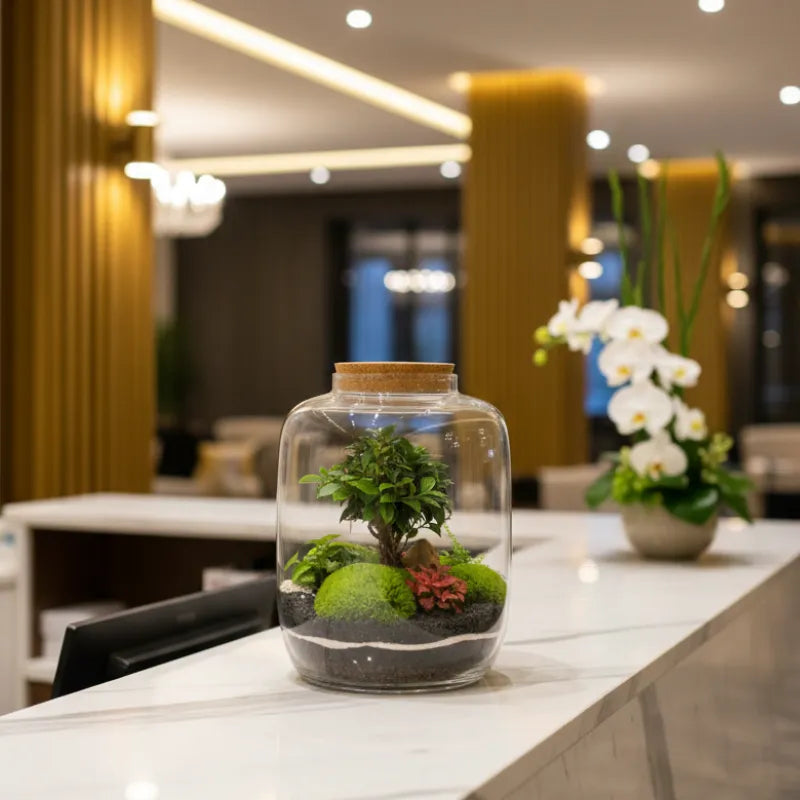 Terrarium piante in vetro - Dettaglio delle piante verdi all'interno del terrarium Zeno