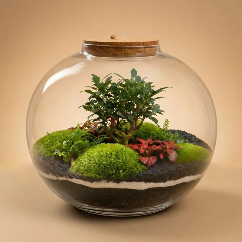 Terrarium Chloe con piante verdi - Vista frontale del vaso in vetro e composizione interna