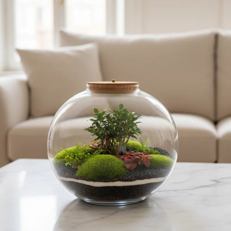 Terrarium piante in vetro - Dettaglio delle piante verdi e del substrato all'interno
