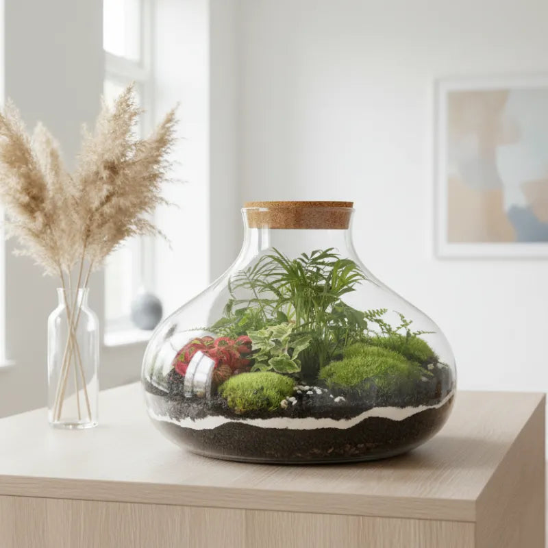 Piante verdi da interno poca luce - terrarium con tappo in sughero e piante rigogliose