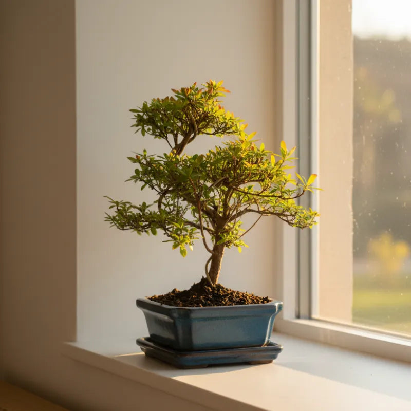 Bonsai Rhododendron Indicum - vista dall'alto con vaso decorativo