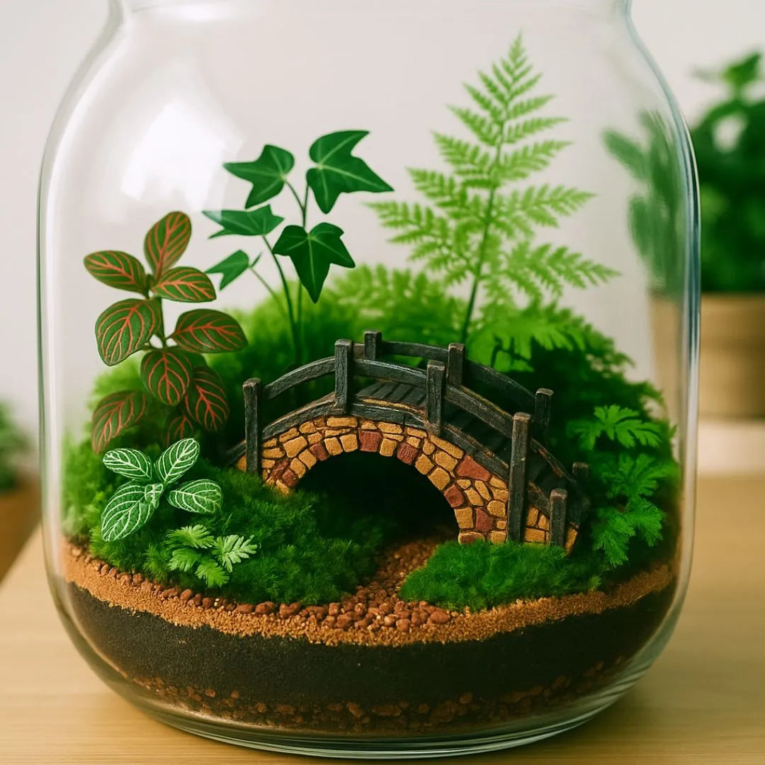 Terrarium con piante verdi, fittonie e felci, decorato con piccolo ponte in resina effetto pietra e substrato stratificato.