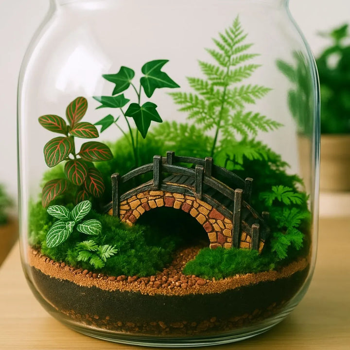 Terrarium con piante verdi, fittonie e felci, decorato con piccolo ponte in resina effetto pietra e substrato stratificato.
