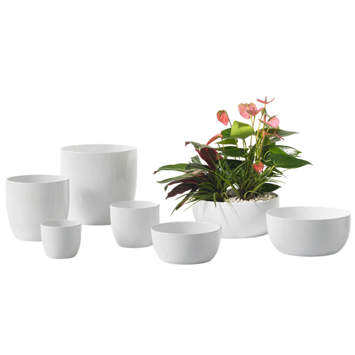 Set di vasi decorativi in ceramica bianca lucida di diverse forme e dimensioni, con composizione floreale in uno dei vasi centrali, ideali per arredare ambienti interni in stile moderno o minimal.