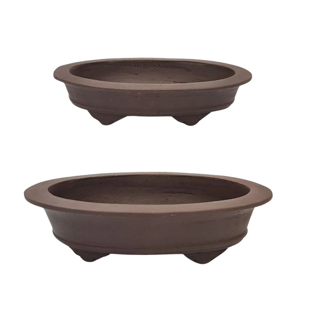 Set 2 vasi bonsai ovali in ceramica artigianale Yixing marrone, dimensioni 24x17 e 20x12 cm