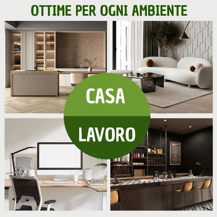 Composizione di quattro ambienti interni (casa, ufficio, bar, salotto) per mostrare la versatilità delle piante d'arredo del Set Verdi High.