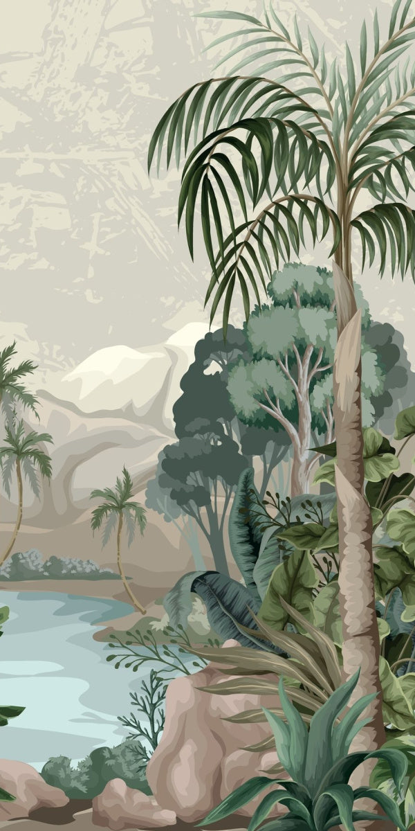 L'immagine raffigura un paesaggio tropicale con una varietà di piante verdi, palme e un fiume sereno.