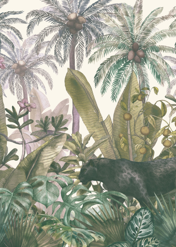 L'immagine presenta una giungla lussureggiante con una varietà di piante e una pantera nera in primo piano.
