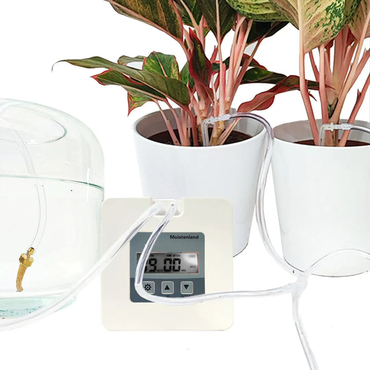 Sistema di irrigazione a goccia con centralina elettronica e tubi collegati a vasi di piante da interno