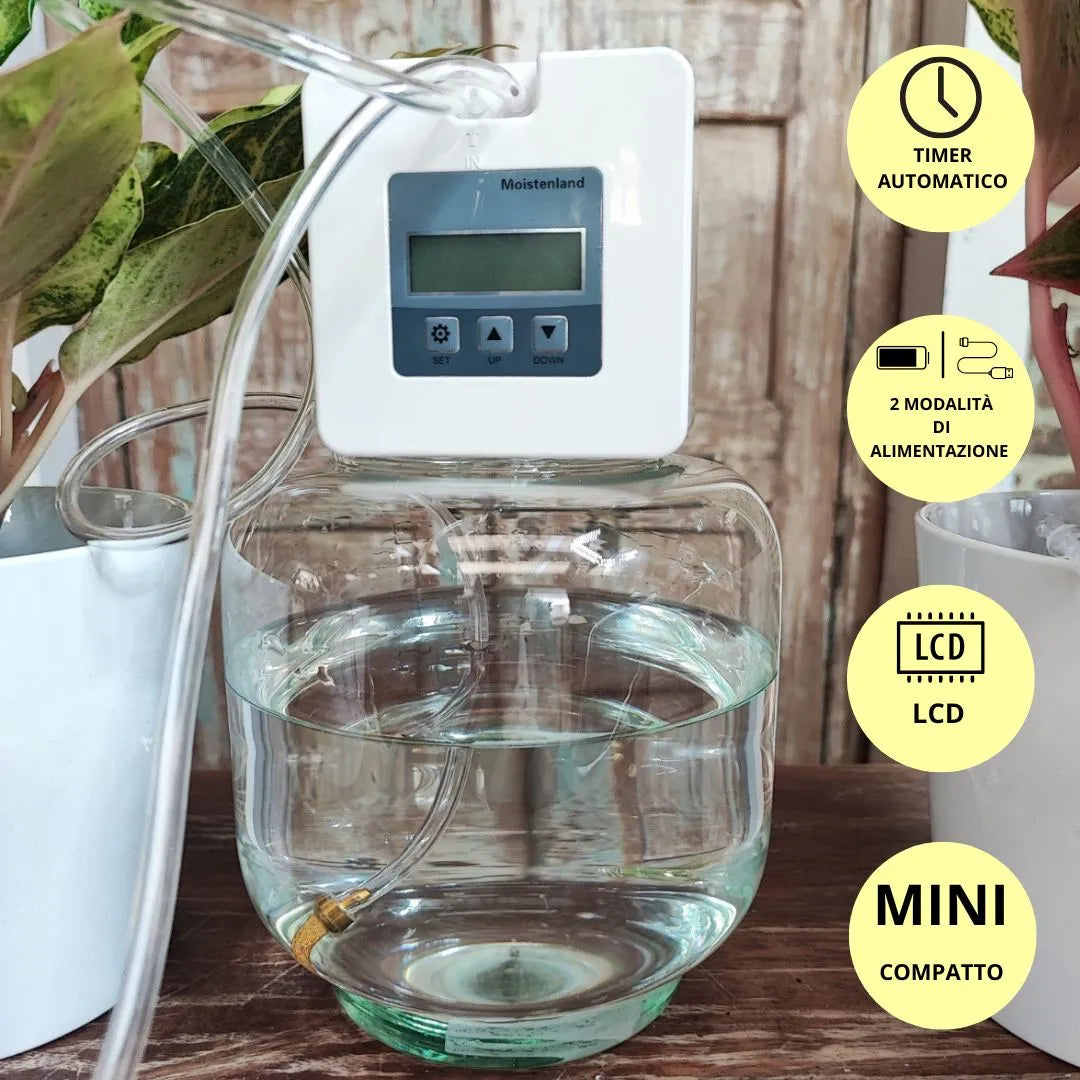 Vista ravvicinata della centralina di irrigazione su vaso d’acqua con tubo e display digitale