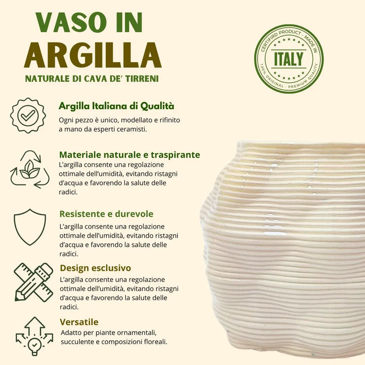 Vaso Bangkok in argilla naturale con finitura lucida effetto rigato, diametro 11 cm, altezza 10 cm