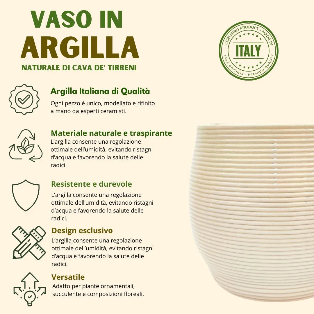 Proprietà del vaso in argilla naturale di Cava de’ Tirreni: materiale traspirante, resistente e adatto a piante ornamentali.