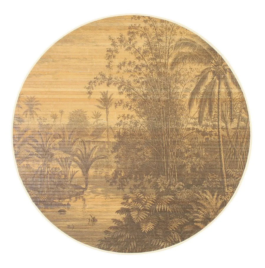 Motivo paesaggistico tropicale inciso sul tappeto Fujiko con vegetazione e palme
