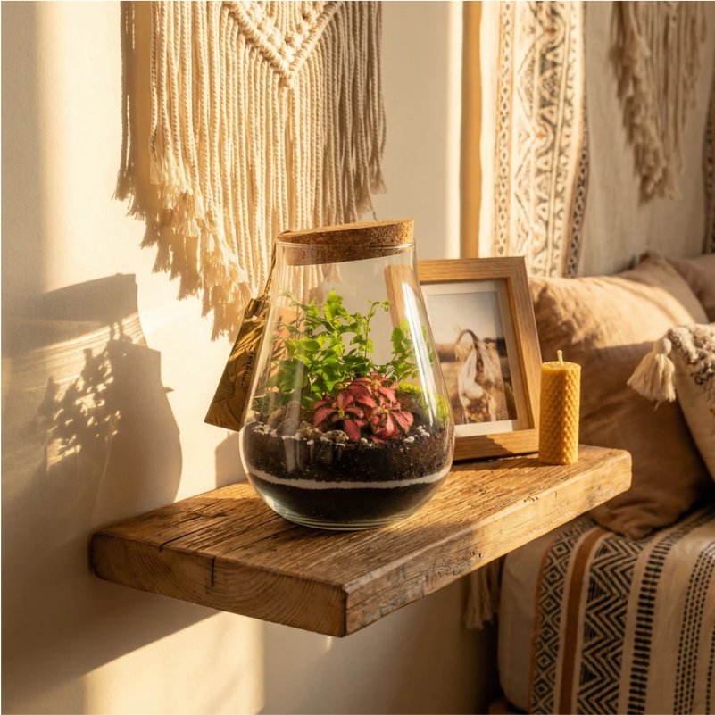 Terrarium in vetro con piante tropicali e muschio su mensola in legno con decorazioni boho, elemento naturale per arredare casa