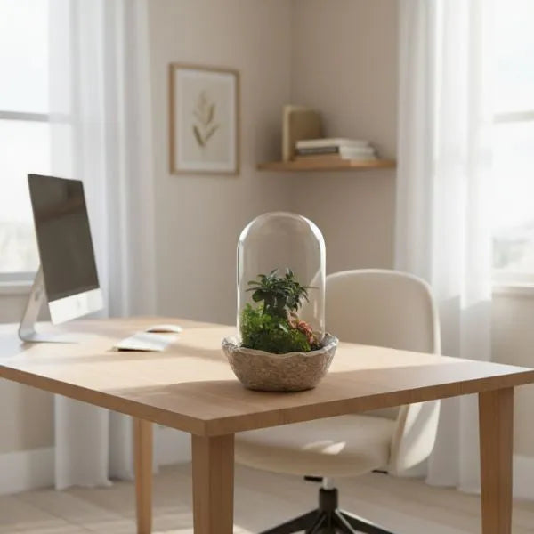 Terrarium da interno con bonsai ficus in campana di vetro su scrivania in legno in studio domestico, idea regalo green e complemento d’arredo raffinato.