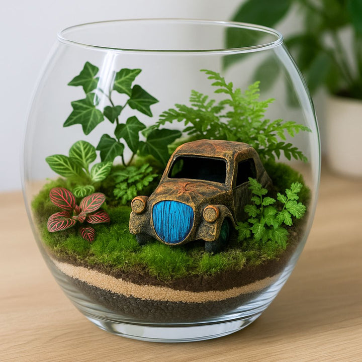 Terrarium con piante verdi, fittonie e muschio, decorato con auto vintage in resina, mini giardino in vaso di vetro.