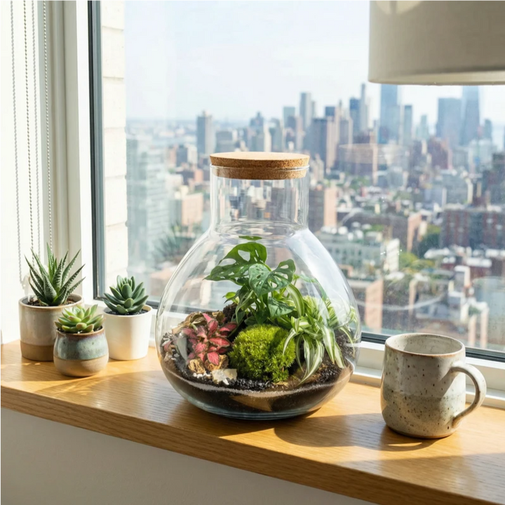 Terrarium in vetro con tappo in sughero contenente piante tropicali e muschio, terrario decorativo ideale per arredare casa o ufficio