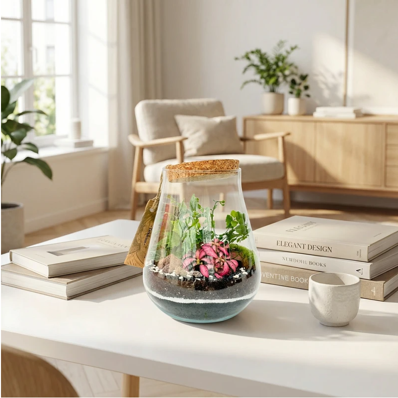 Terrarium in vetro con tappo in sughero contenente piante tropicali e muschio, terrario decorativo posizionato su tavolo in soggiorno moderno