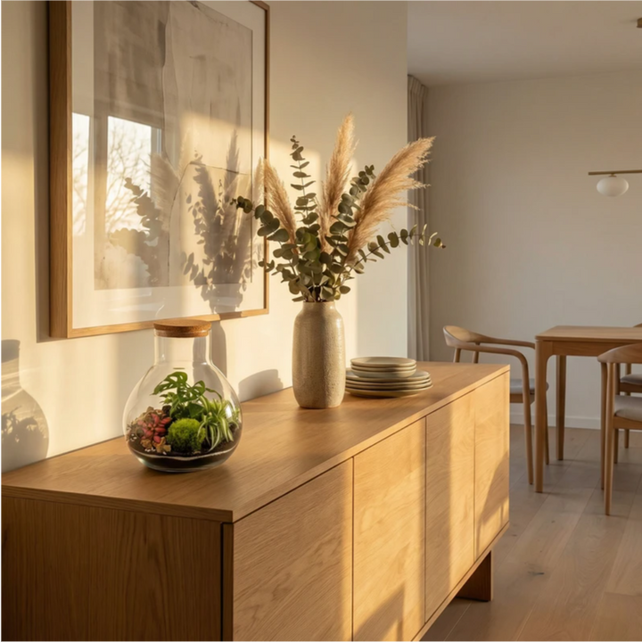 Terrario sferico in vetro con tappo in sughero contenente piante tropicali e muschio, composizione vegetale decorativa da interno