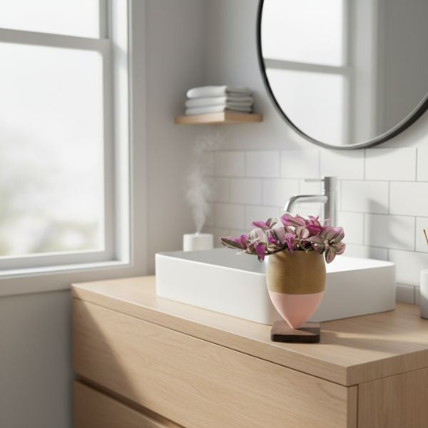 Tradescantia Nanouk in olla di argilla con basetta in legno posizionata su mobile bagno moderno, pianta ornamentale da interno