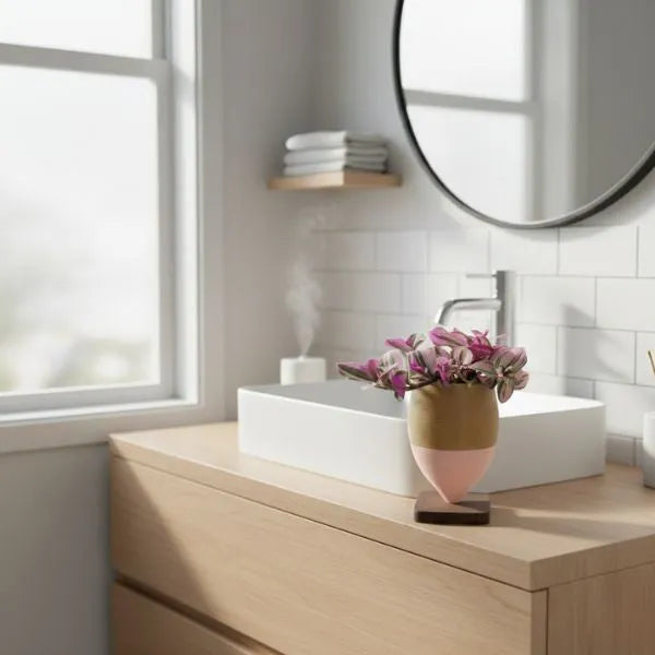 Tradescantia Nanouk in olla di argilla con basetta in legno posizionata su mobile bagno moderno, pianta ornamentale da interno