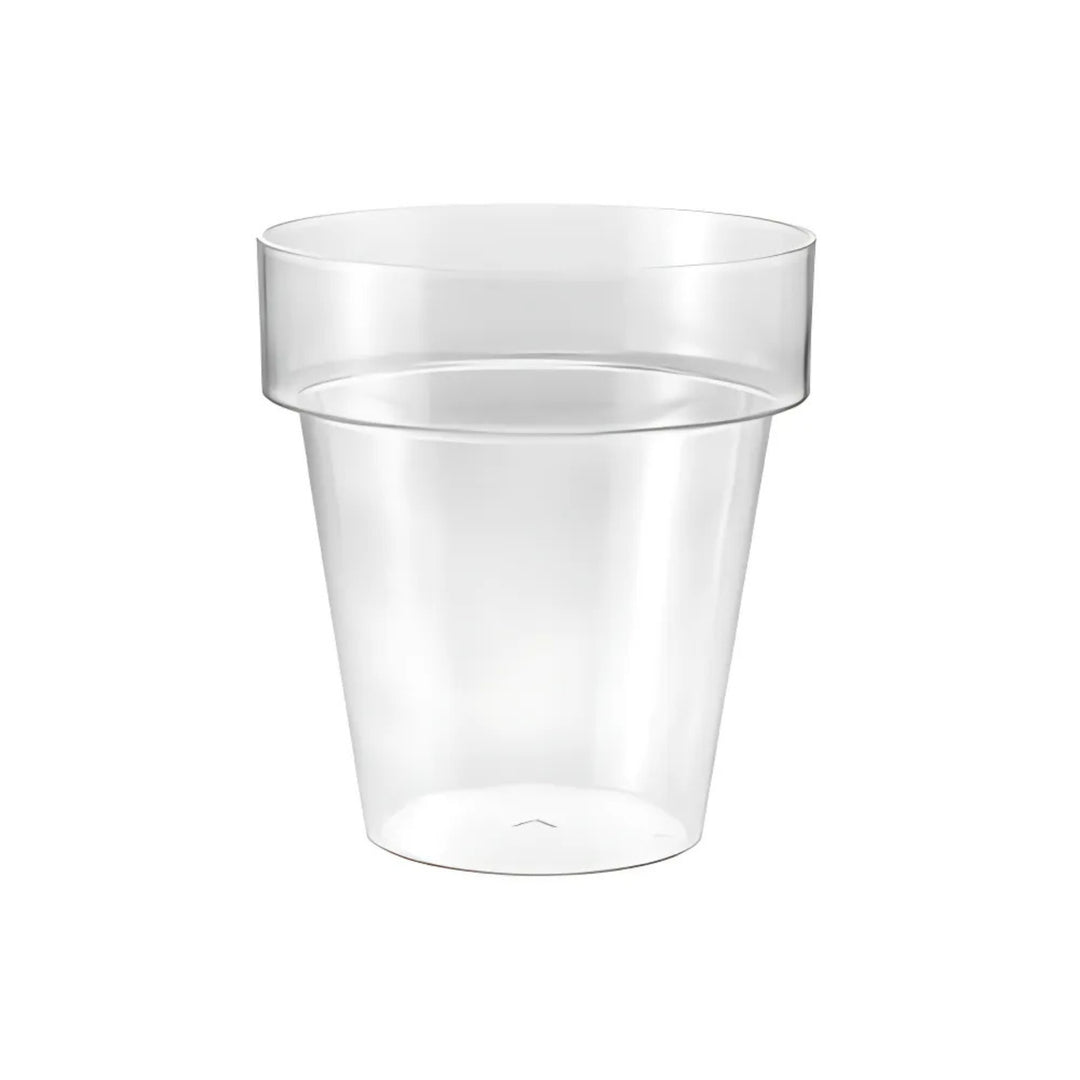Vasetto in plastica trasparente con bordo superiore rinforzato e forma svasata, adatto alla coltivazione di piante, talee o per l’utilizzo in composizioni floreali da interno.