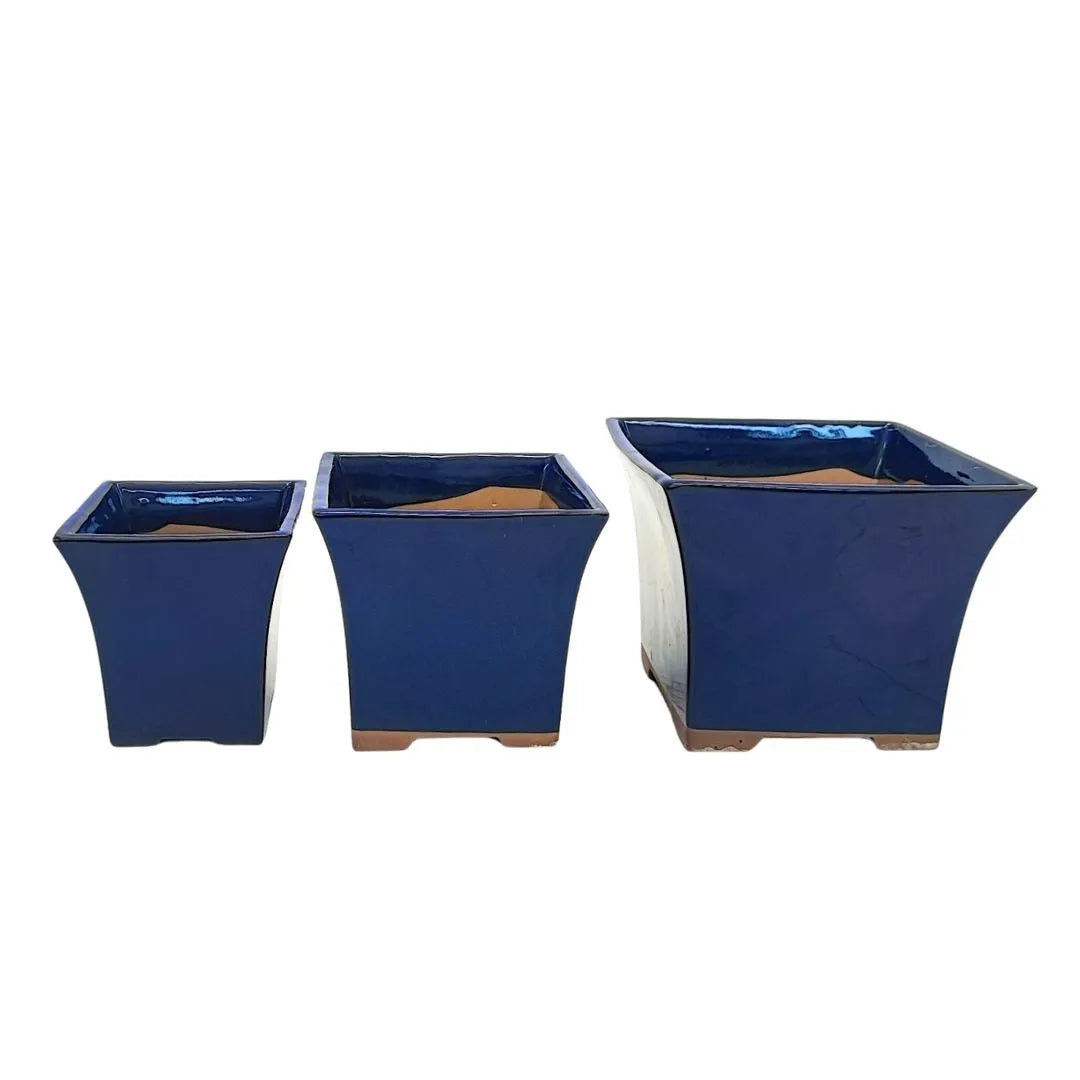 Vasi bonsai quadrati a cascata blu smaltati, set da 3 pezzi made in Japan