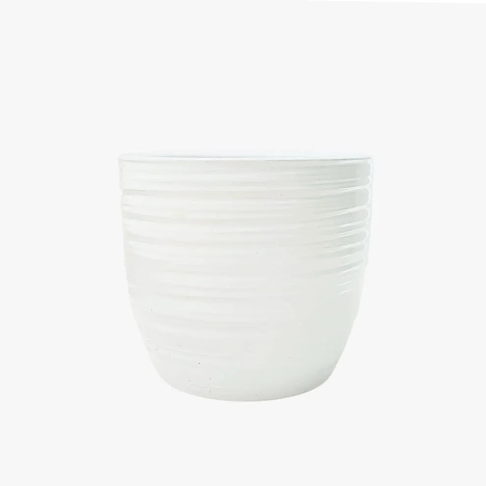 Vaso tondo Bergamo in ceramica bianca lucida con finitura a righe orizzontali, perfetto per piante verdi da interno.