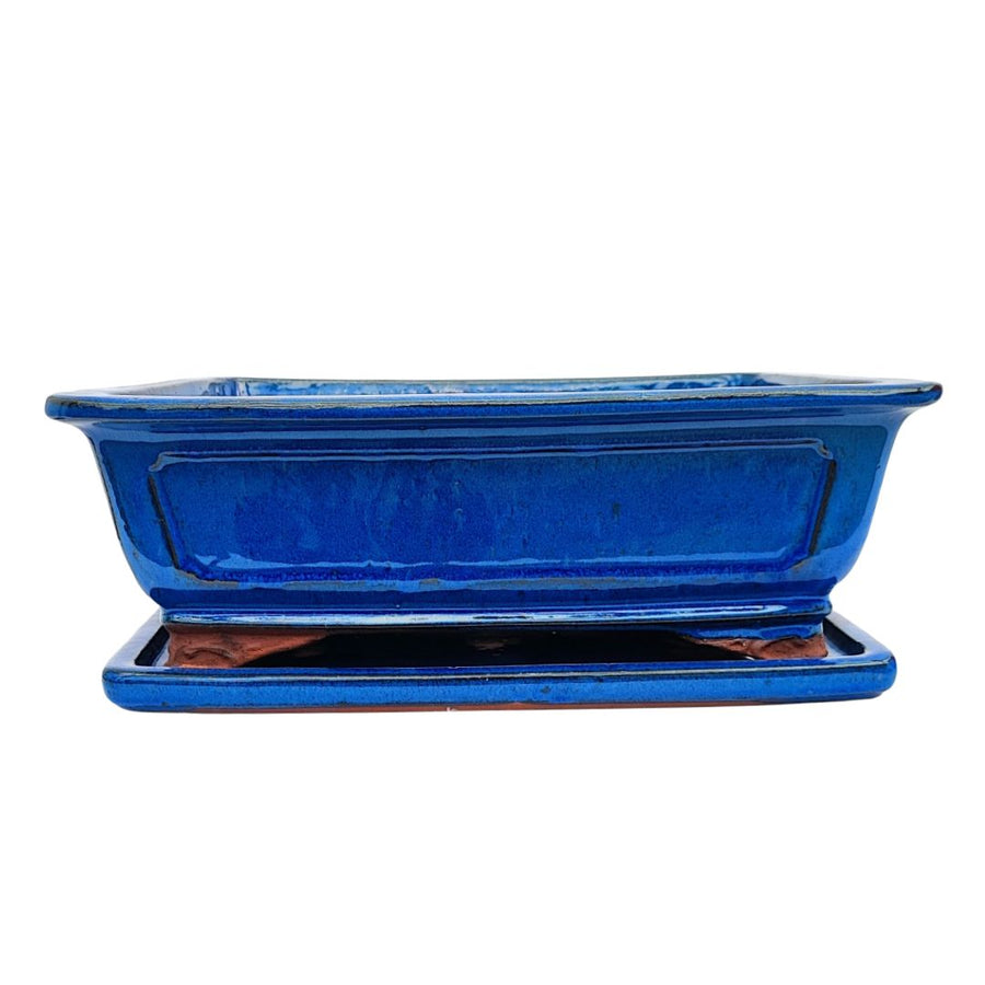 Vaso bonsai rettangolare in ceramica smaltata blu con sottovaso coordinato – linea BASIC CLASS

