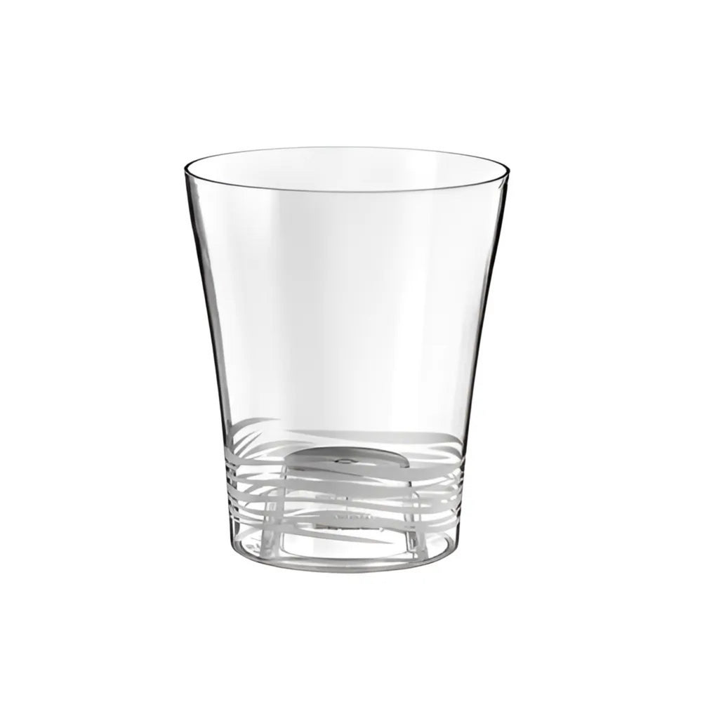 Vaso in plastica trasparente con forma svasata e base decorata da scanalature orizzontali. Ideale per piante da interno o decorazioni vegetali in ambienti contemporanei.