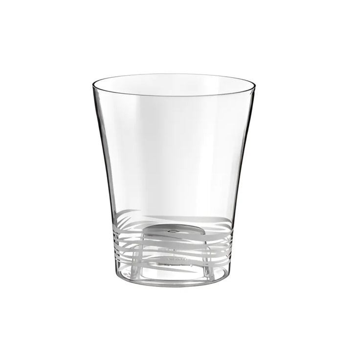 Vaso in plastica trasparente con forma svasata e base decorata da scanalature orizzontali. Ideale per piante da interno o decorazioni vegetali in ambienti contemporanei.