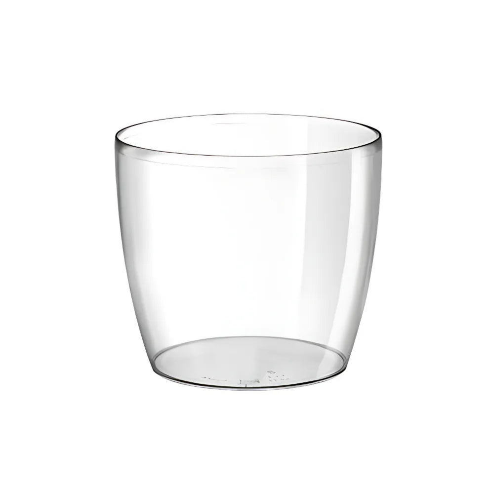 Vaso trasparente in plastica dal design semplice e lineare, adatto per orchidee, decorazioni vegetali o composizioni con ciottoli e terriccio.
