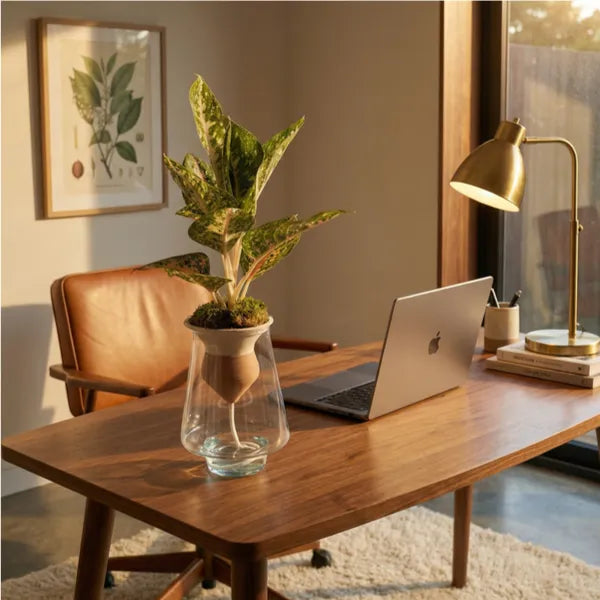 Aglaonema Mix in idrocoltura su scrivania noce in home office moderno con lampada ottone e luce calda