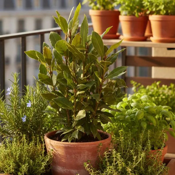 Alloro laurus nobilis in vaso di terracotta su balcone con altre piante aromatiche