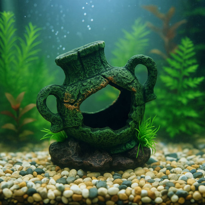 Anfora decorativa in resina, effetto antico, immersa in acquario con ghiaia e piante acquatiche sullo sfondo verde.