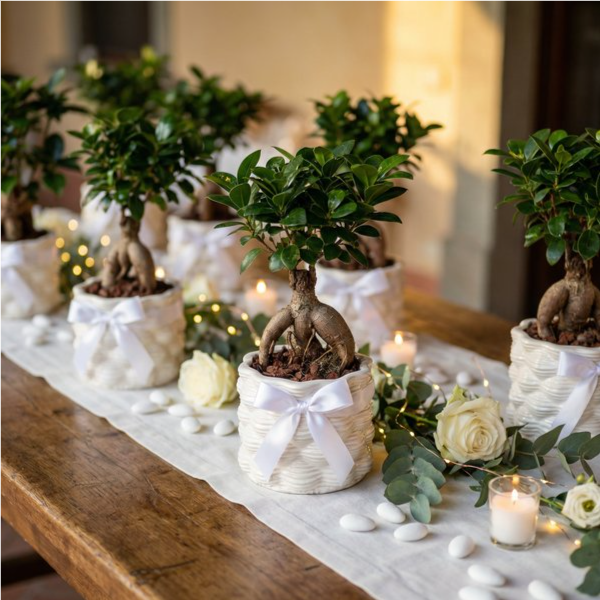 Bomboniere bonsai ficus ginseng in vaso ceramica smaltata bianco su tavolo confettata matrimonio