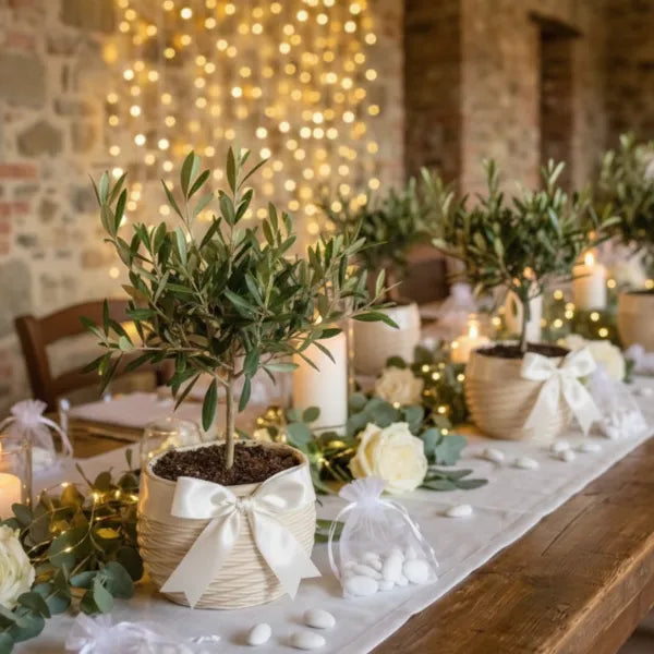 Bomboniera matrimonio con ulivo in vaso bianco elegante decorato con fiocco