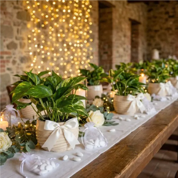 Bomboniere pothos scindapsus aurea su tavolo confettata matrimonio con luci fairy