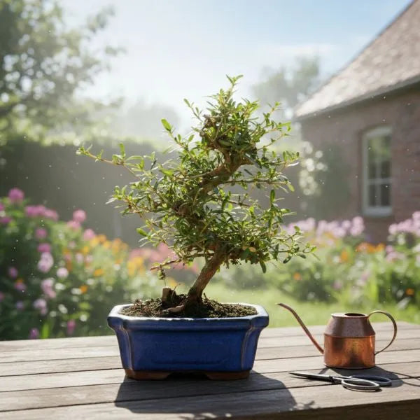 Bonsai Coprosma 7 anni - pianta ornamentale con rami sottili e foglie verdi in vaso blu su tavolo da esterno