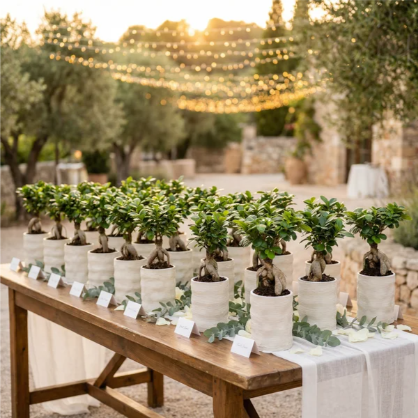 Tanti Ficus Ginseng identici in vasi Andromeda disposti su tavolo rustico con eucalipto, petali di rosa, cartoncini nomi ospiti, lucine calde e uliveto al tramonto
