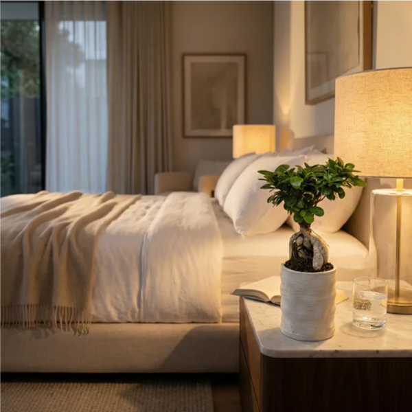 Sul comodino in marmo con lampada lino, bicchiere d'acqua e libro, luce intima serale